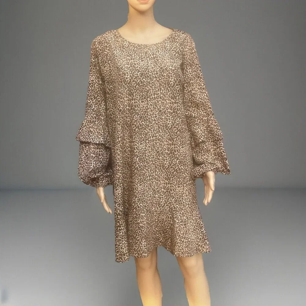 Andree By Unit Size L Shift Dress Leopard Print Puff Tiered Sleeves Ruffle Sheer